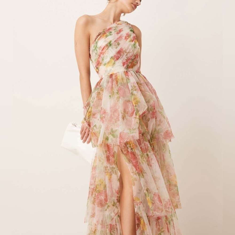 ASOS Lace & Bead One Shoulder Tiered Tulle Maxi Dress in Bright Floral - US 2 - Picture 3 of 6